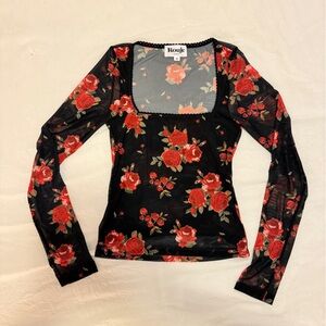 Rouje Rose Pattern Black Mesh Long-Sleeve Top, S/Fr36/US-0/2
